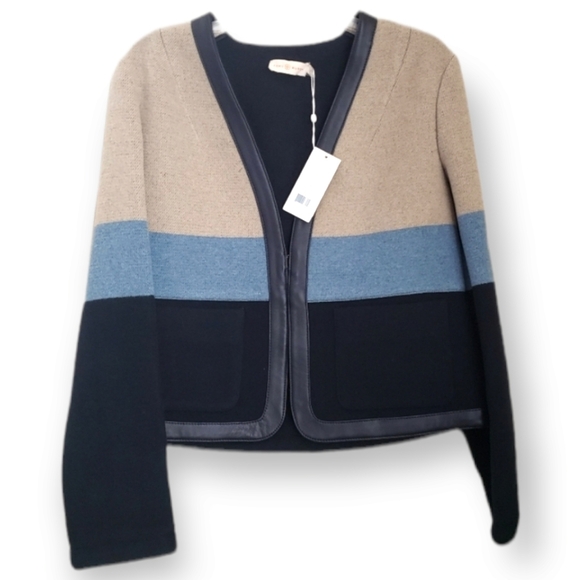 Tory‎ Burch Leather Trim Blanket Stripe Jacket sz 6 NWT